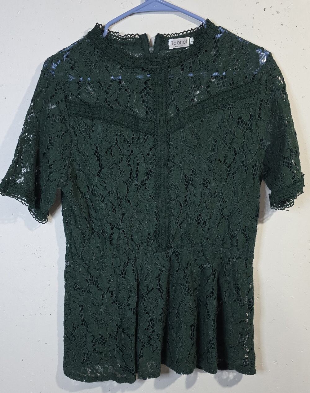 Tobrief Women's Large Forest Green Lace Blouse Floral Short Sleeve Boho Top